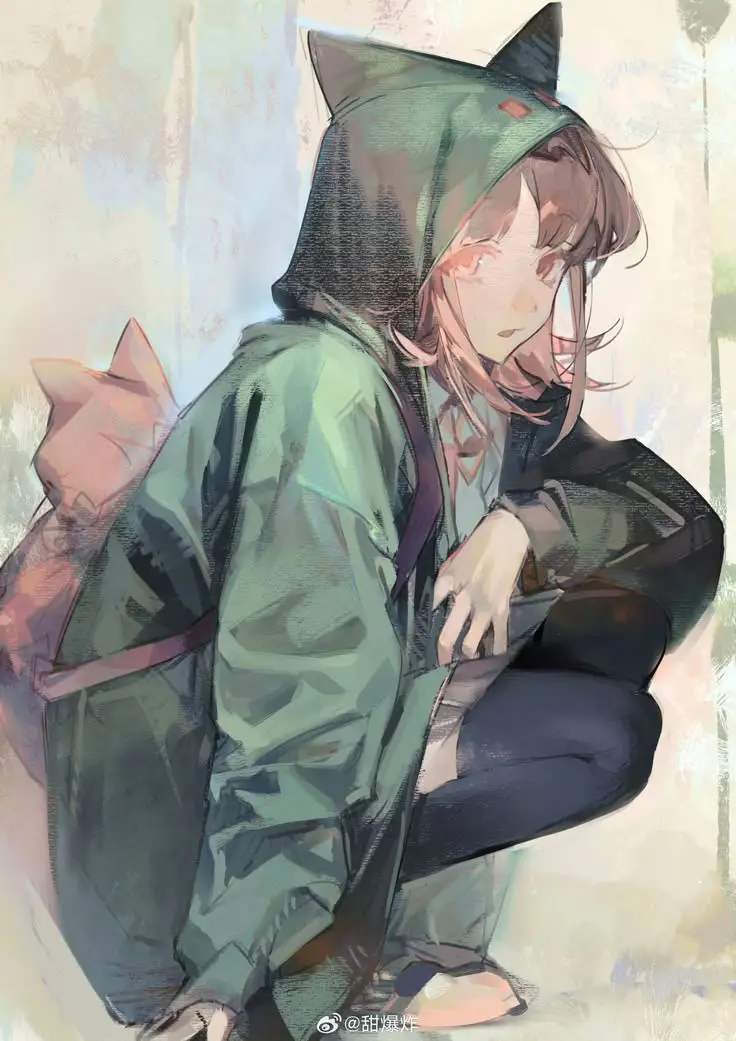 An anime-style illustration of a young woman with light brown hair wearing a green hooded jacket with cat ears and a pink…