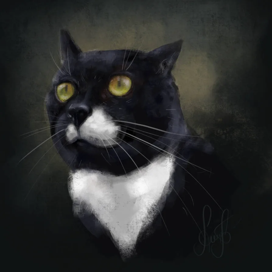A digitally painted portrait of a black cat with a white chest and chin, rendered in a dark, textured style reminiscent of a…