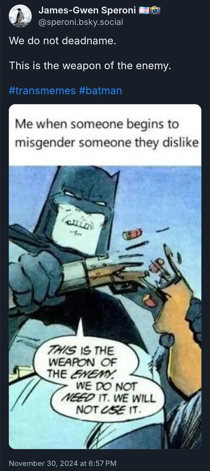 A comic panel shows Batman holding a gun pointed at an unseen person, with a speech bubble that reads 'THIS IS THE WEAPON OF…