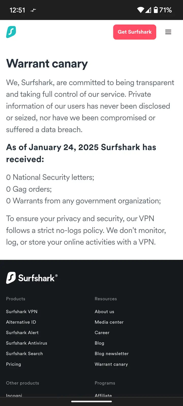 A screenshot of Surfshark's 'warrant canary' page, which claims zero government requests for user data as of January 24…