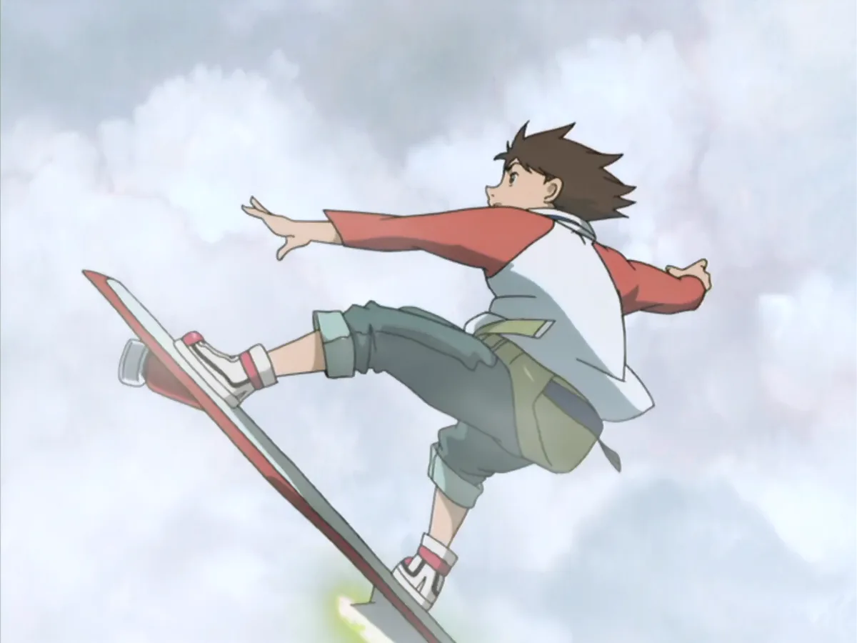 An anime boy with brown hair, wearing a red and white jacket and green pants, is shown mid-air on a red skateboard against a…