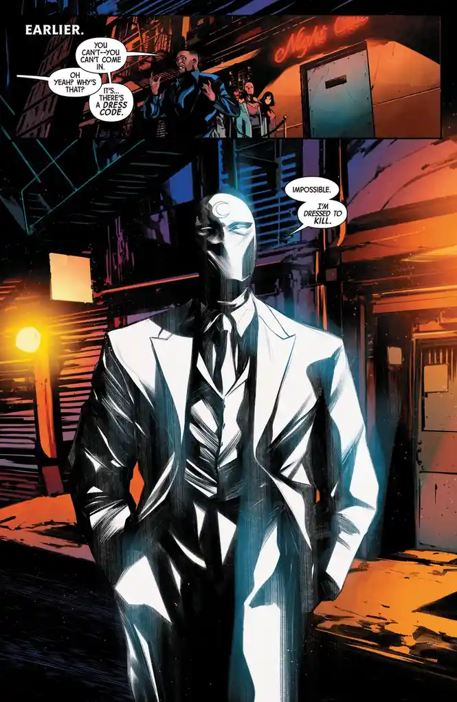 A comic book panel shows a man in a white suit and black tie standing outside a nightclub, declaring 'IMPOSSIBLE. I'M…