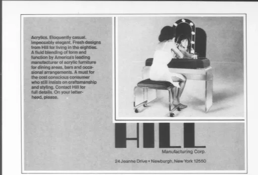 A vintage 1980s advertisement for Hill Manufacturing Corp. shows two people sitting on a modern acrylic chair, with one…