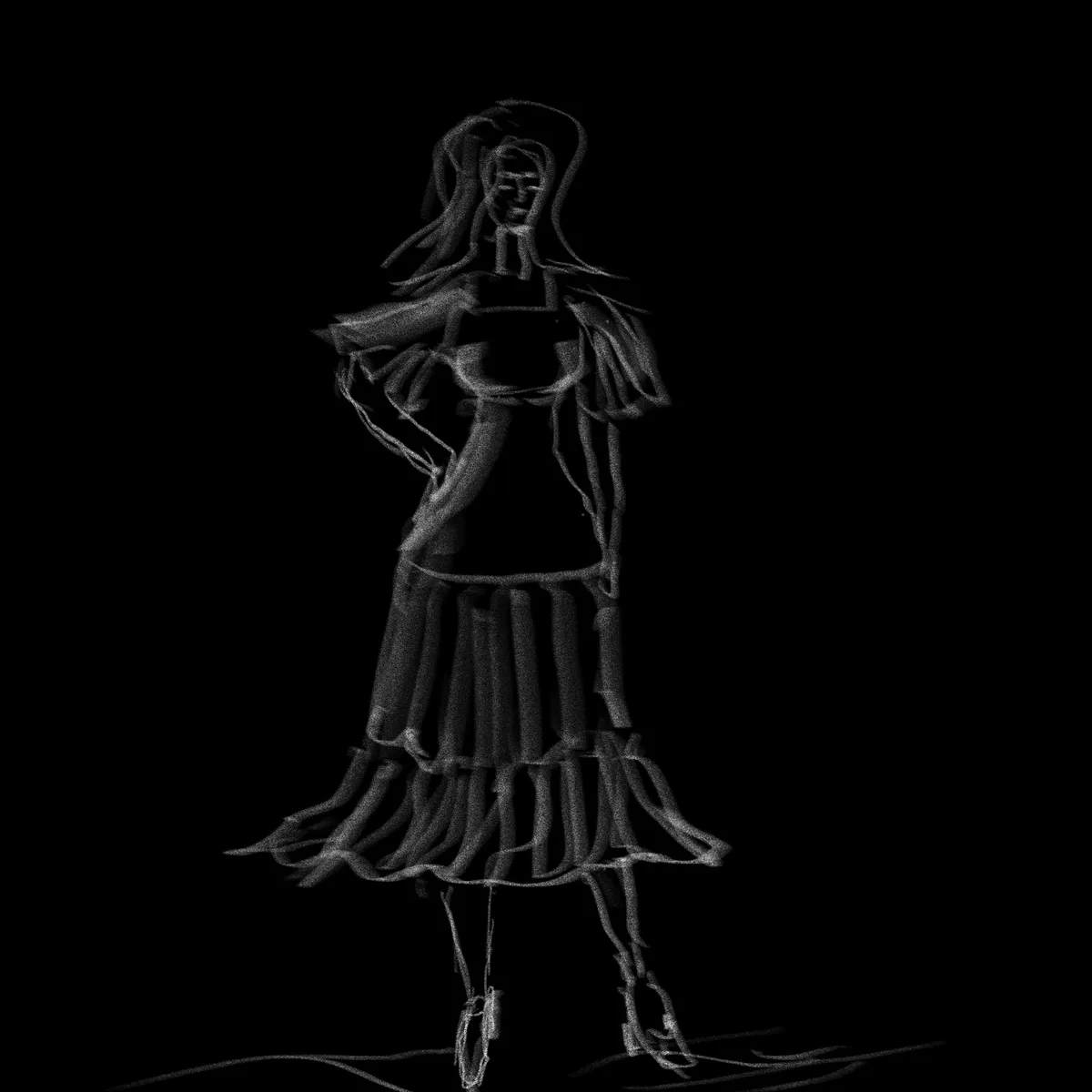 A grainy, black-and-white sketch of a stylized female figure with long hair, wearing a dress and shoes, standing against a…