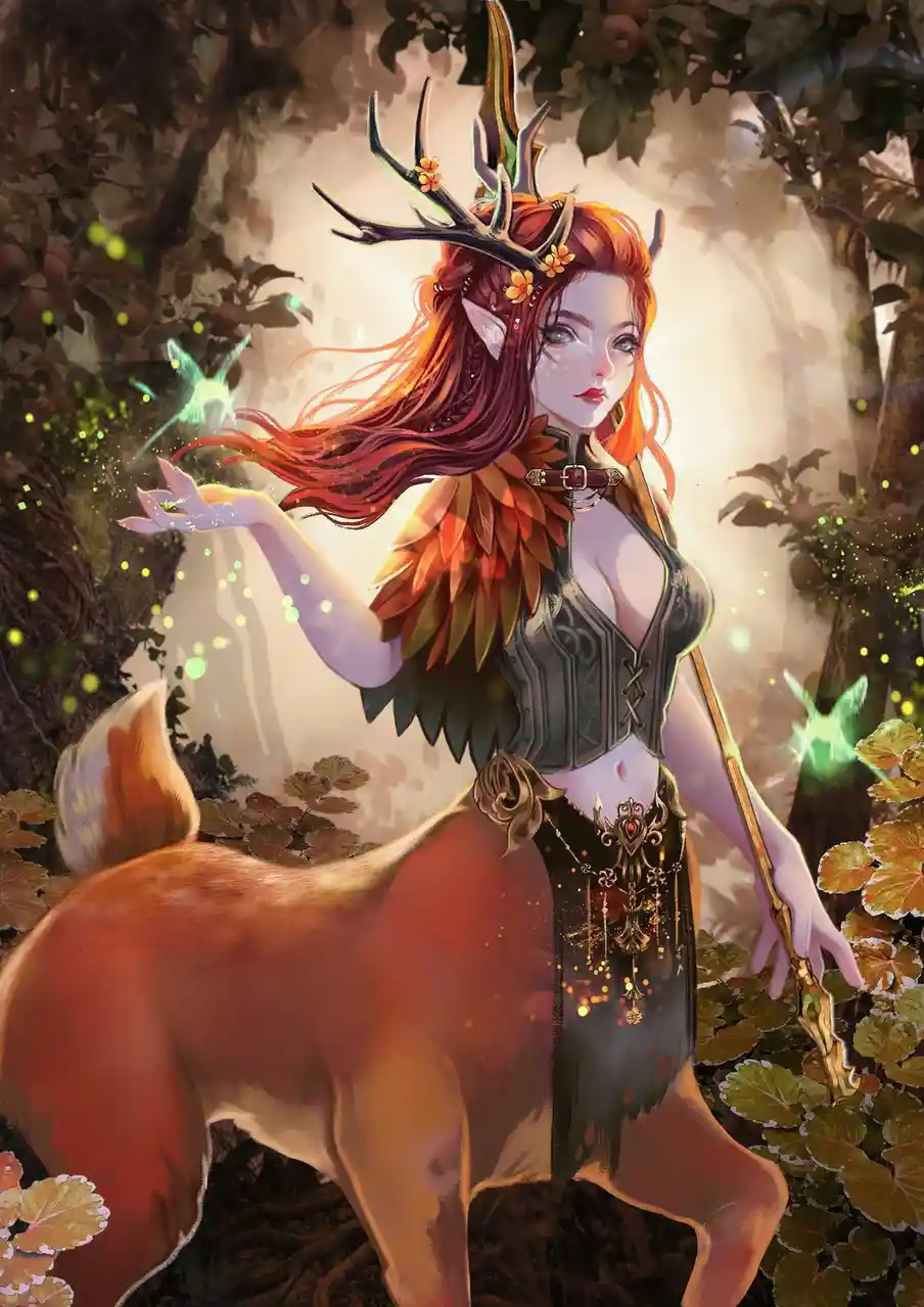 A fantasy illustration shows a humanoid figure with the upper body of a woman and the lower body of a deer, standing in a…