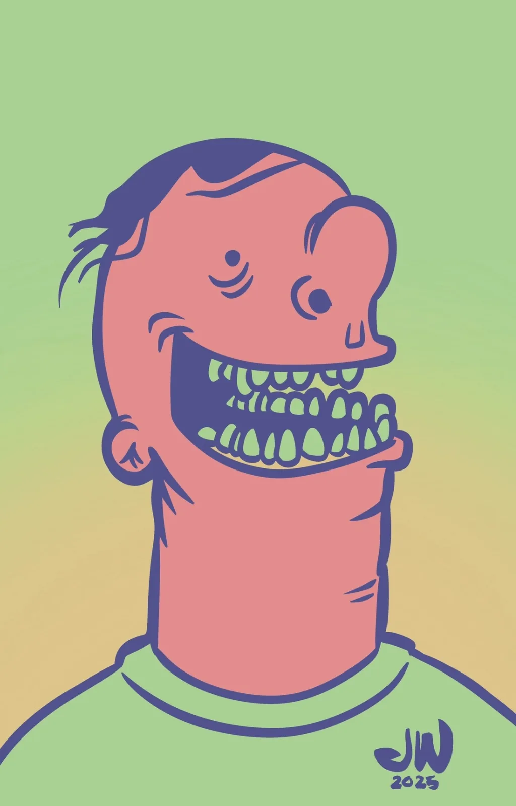 A cartoon illustration of a man with a wide, toothy grin, wearing a green t-shirt, set against a gradient green-yellow…