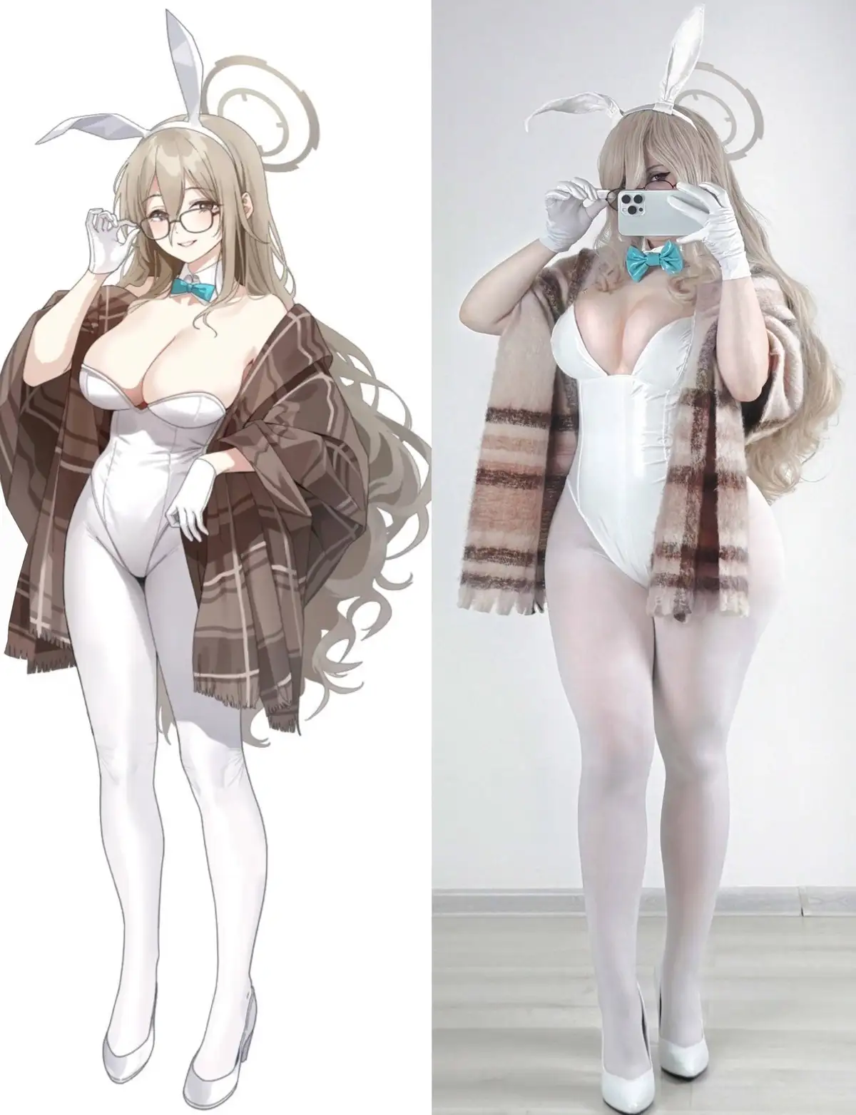 The image displays a side-by-side comparison: on the left, an anime-style illustration of a blonde woman with bunny ears…