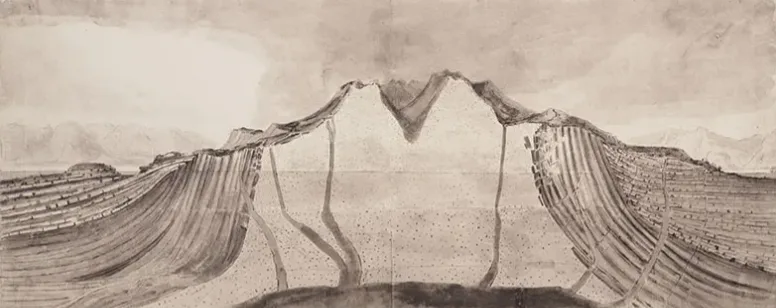 A sepia-toned historical sketch depicts a mountain range with its central peak split open, revealing a valley floor with…