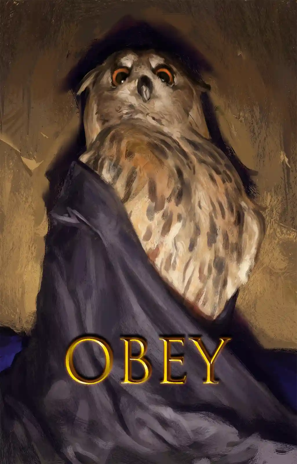 A digitally painted image features a large owl with wide, intense orange eyes, wearing a dark hood and draped in a dark…