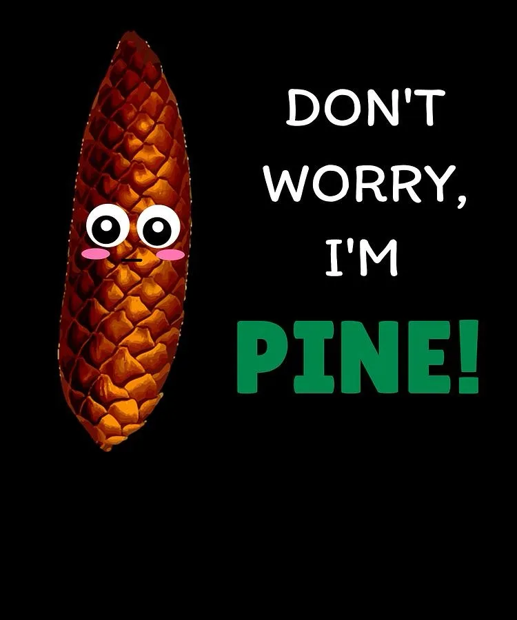 A cartoon pinecone with large googly eyes and pink cheeks is shown against a black background. The text to its right reads…