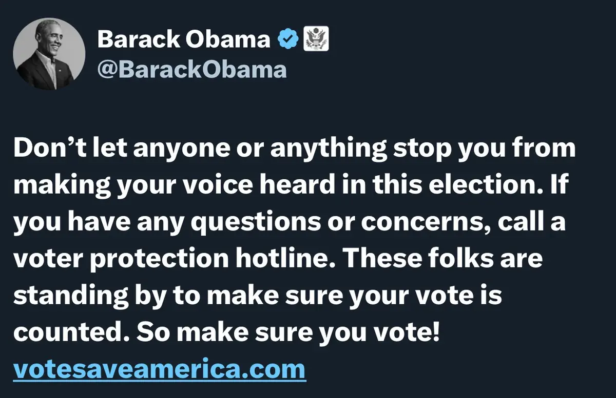 A screenshot of a verified Twitter post from Barack Obama's official account, featuring his profile picture and a message…