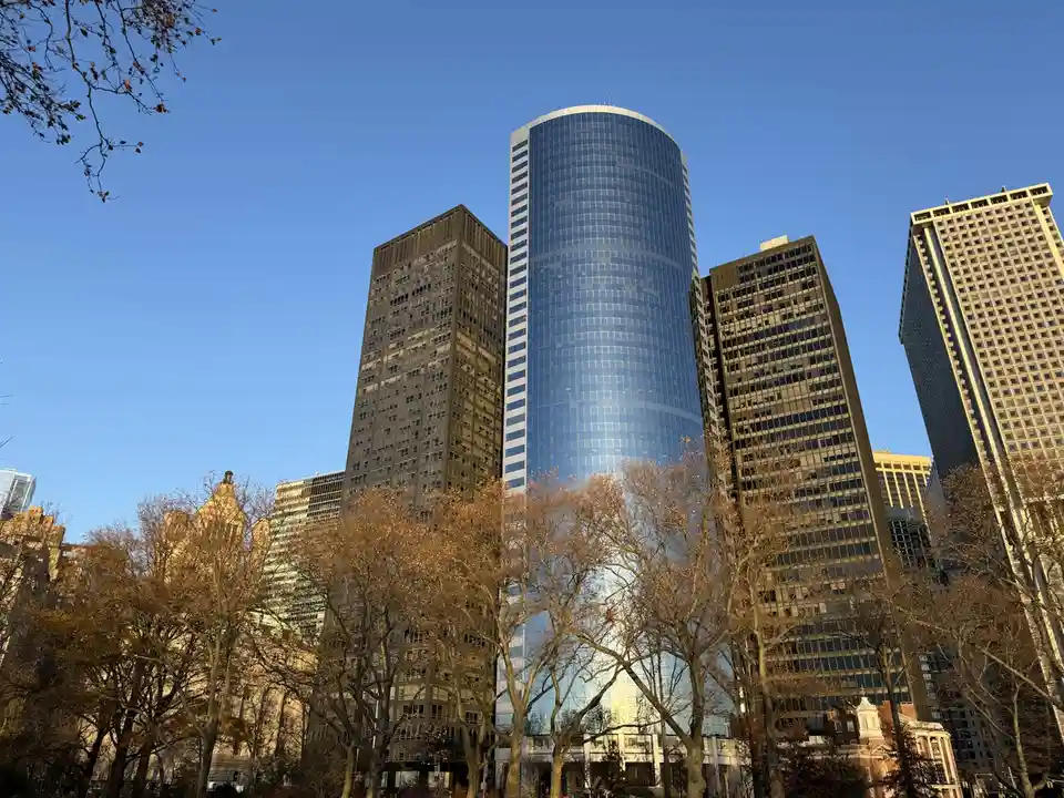 A photo of tall city skyscrapers under a clear blue sky, framed by bare trees in the foreground. The central building is a…