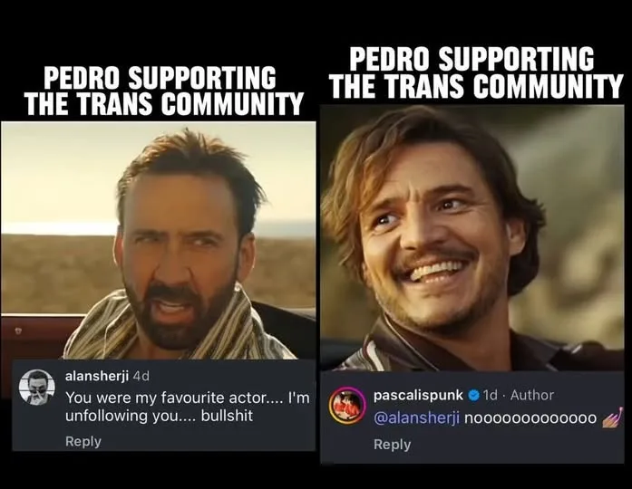 The image is a side-by-side comparison. Left: Nicolas Cage with an angry, scowling expression, overlaid with the text 'PEDRO…