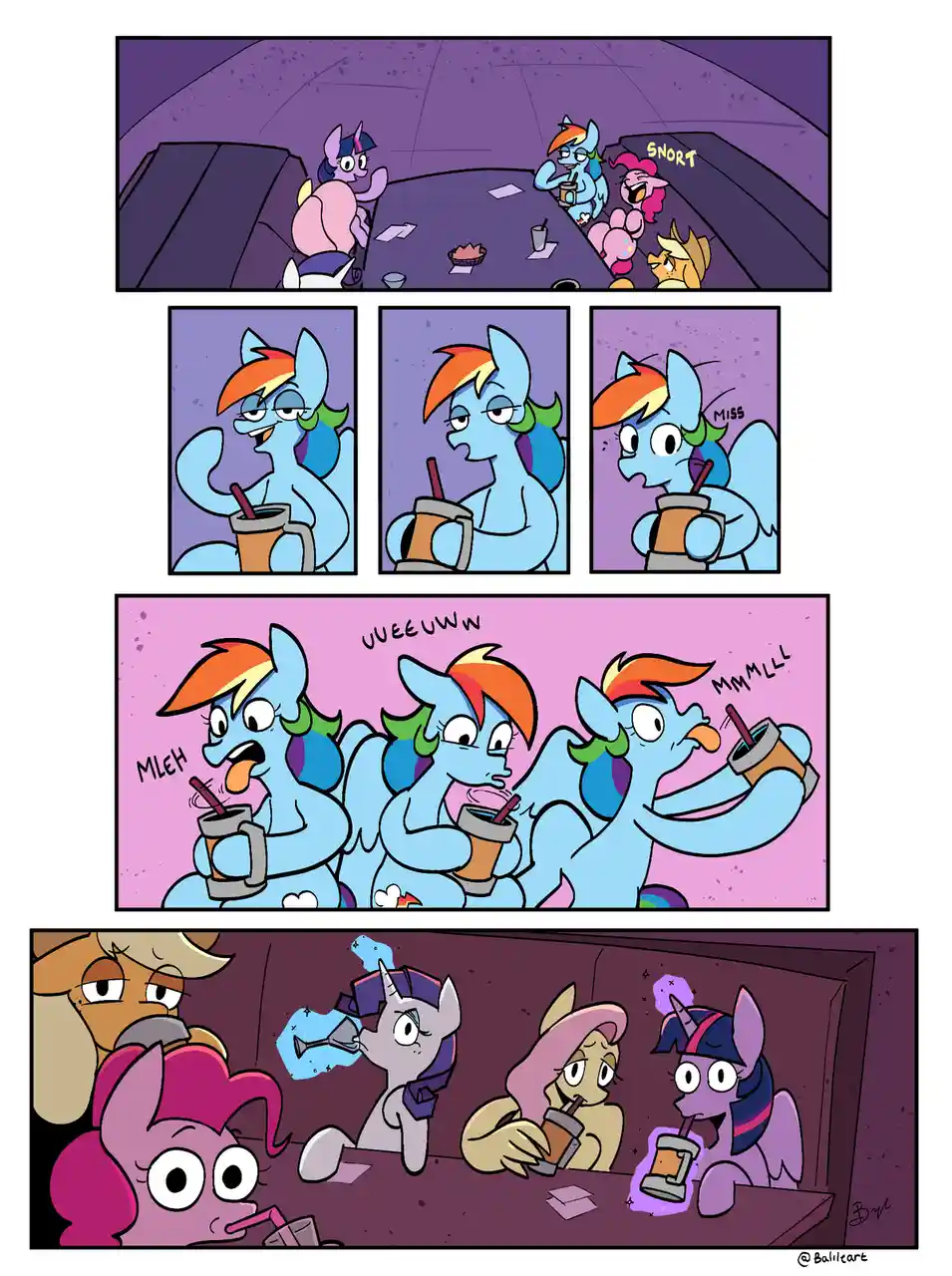 A four-panel comic strip featuring My Little Pony characters drinking from mugs. In the first panel, several ponies are at a…