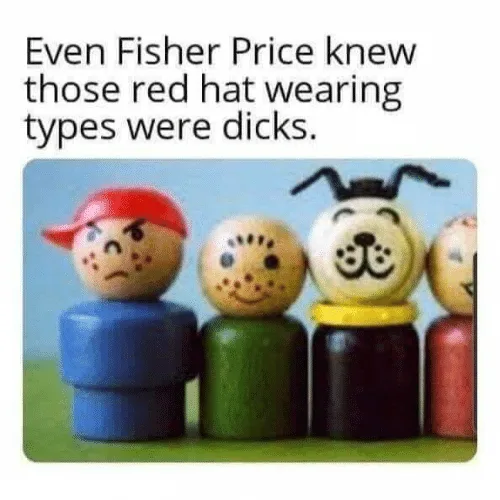 A row of Fisher-Price wooden peg dolls with painted faces stand side by side. The doll on the far left wears a red hat and…