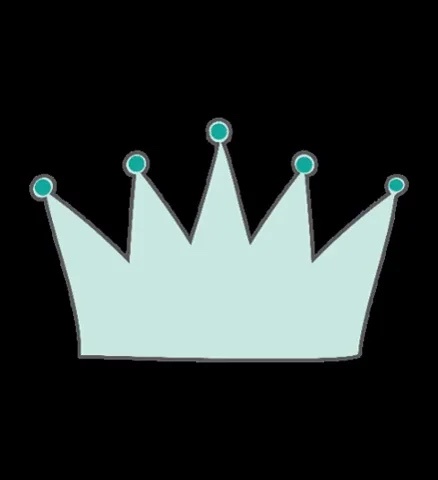 A simple, light blue cartoon crown with five points and teal gemstones on each tip, set against a solid black background…