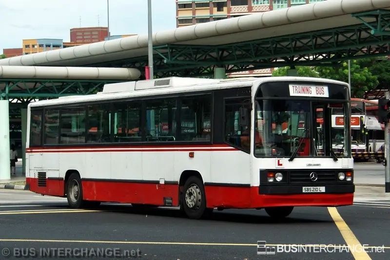 A white and red Mercedes-Benz bus with a sign on its front reading 'TRAINING BUS' is parked at a bus interchange under an…
