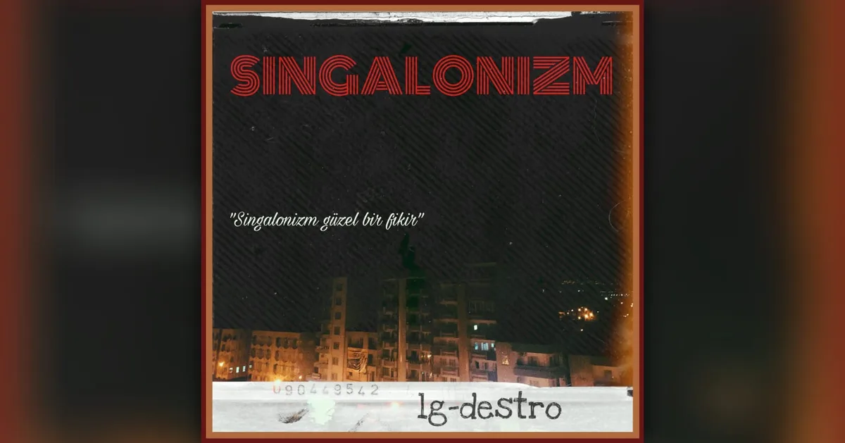 The image displays a stylized album cover with a dark, grainy background featuring a nighttime cityscape of apartment…