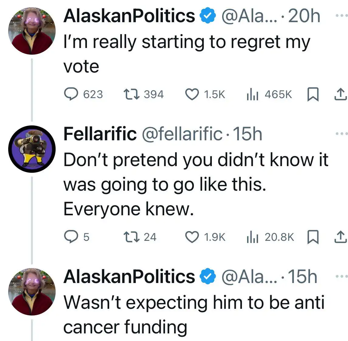A screenshot of a Twitter thread shows a user named 'AlaskanPolitics' expressing regret over their vote, followed by a reply…