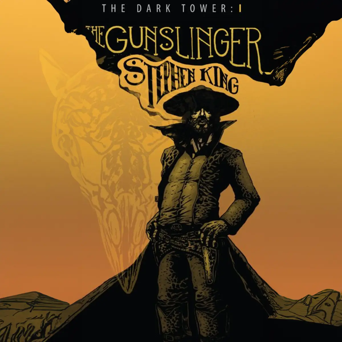 The image is the cover art for Stephen King's novel 'The Dark Tower: The Gunslinger'. It features a stylized illustration of…