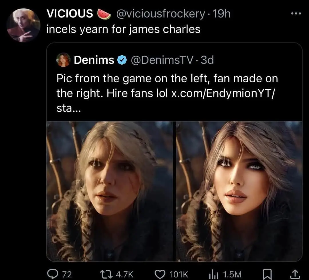 A screenshot of a Twitter thread where a user named Vicious posts a meme comparing two images of a woman: the left is a…