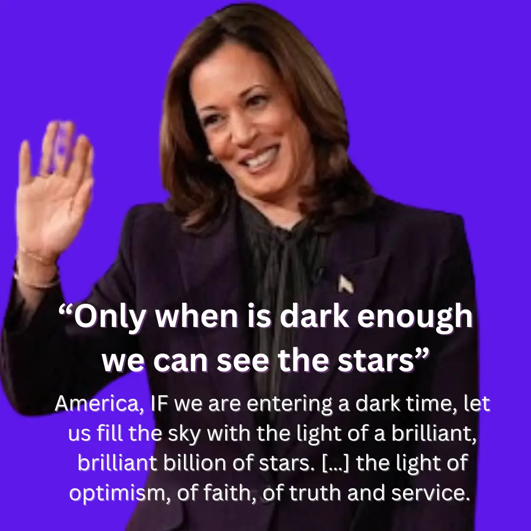 A photo of Kamala Harris smiling and waving against a solid purple background. Overlaid white text quotes her saying 'Only…