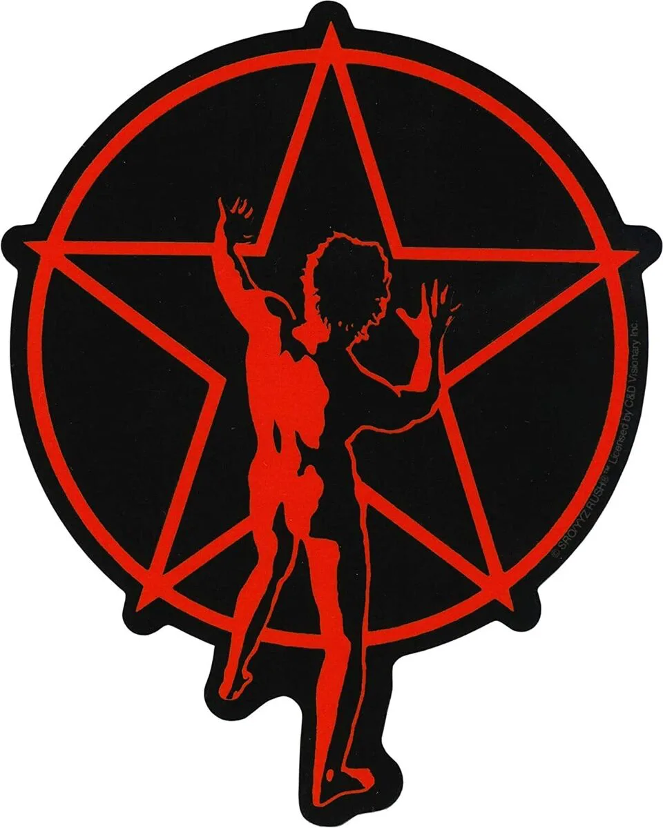 A black circular sticker with a red inverted pentagram outline. Inside, a red silhouette of a person with an afro hairstyle…