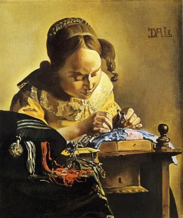A classical painting of a woman in 17th-century attire, seated at a table and sewing, with the artist's signature 'DAL'…