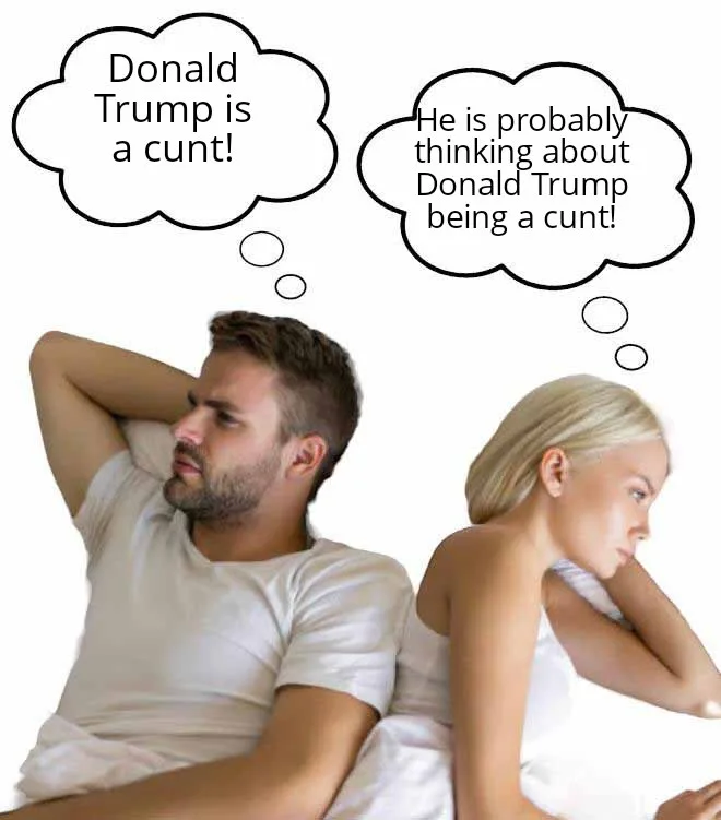 Two people sit with their backs to each other, each with a thought bubble. The left bubble says 'Donald Trump is a cunt!'…