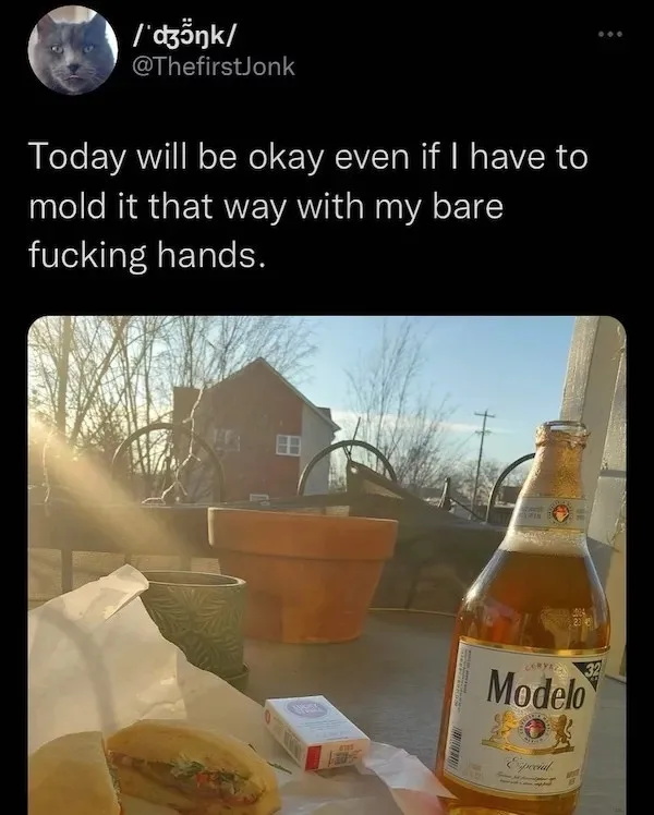 A photo shows a table outdoors with a half-eaten sandwich, a pack of cigarettes, and a bottle of Modelo Especial beer. The…
