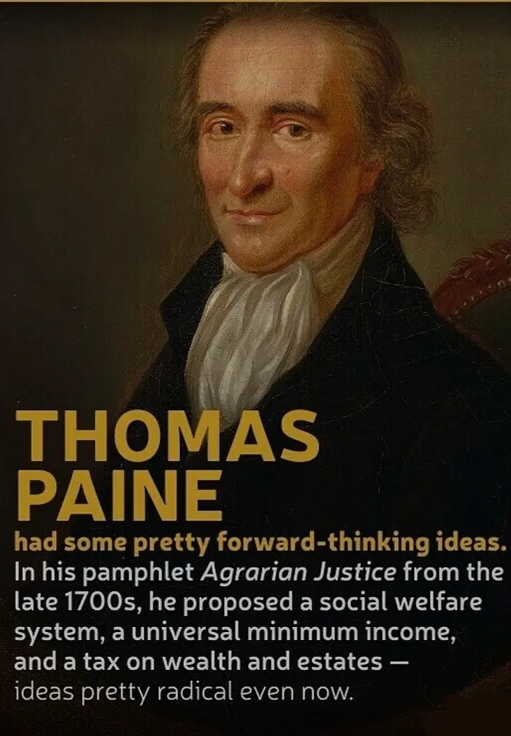 A historical portrait of Thomas Paine, a man with light brown hair and a white cravat, is overlaid with bold yellow text…