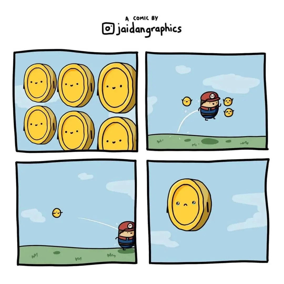 A four-panel comic by @jaidangraphics shows Mario initially surrounded by five smiling, cartoonish coins. He joyfully throws…