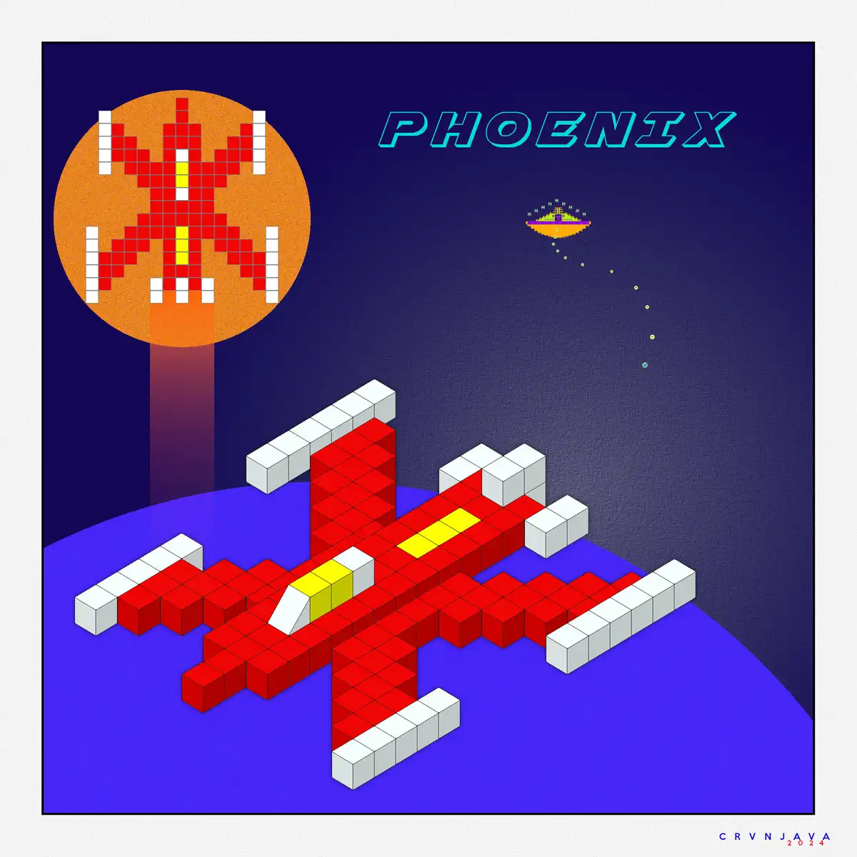 A pixel-art style image depicts a red and white isometric spaceship with yellow accents on a blue planet surface, facing a…