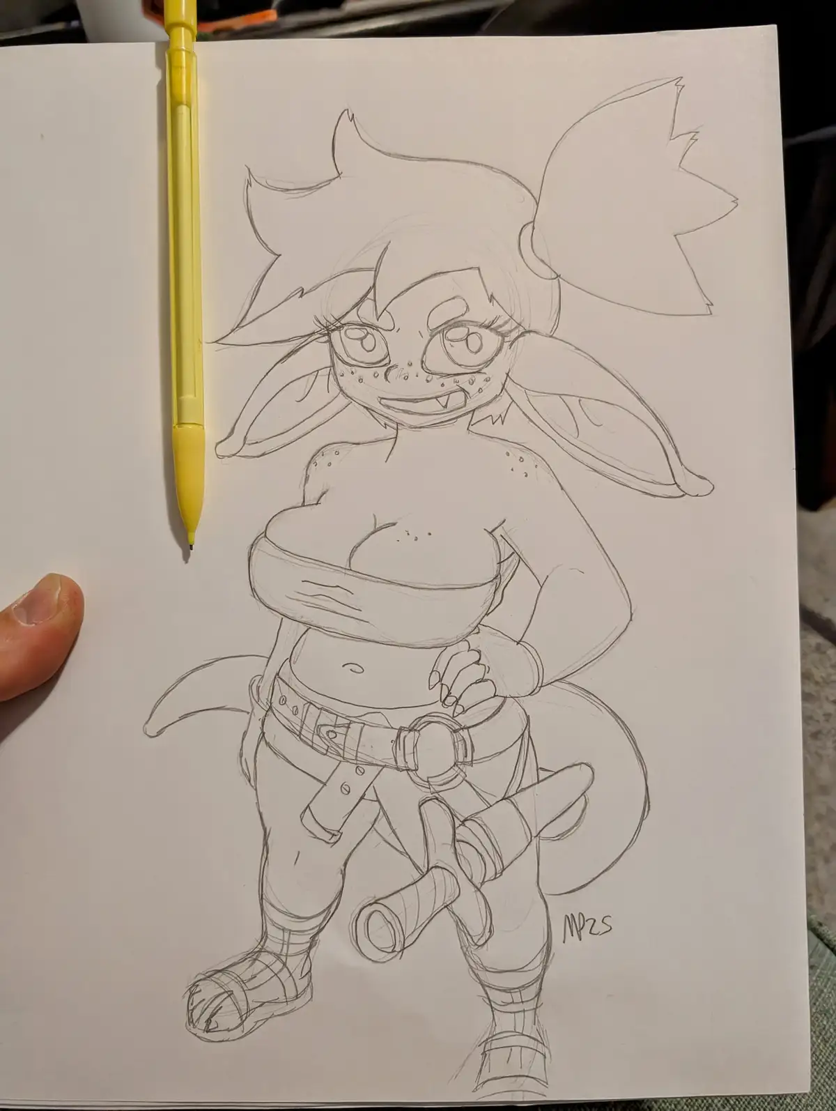 A pencil sketch of a stylized, anthropomorphic character with spiky hair, large eyes, and fangs, wearing a belt and boots…