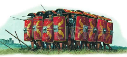 A historical illustration shows a line of Roman legionnaires in tight formation, each holding a large red-and-gold patterned…