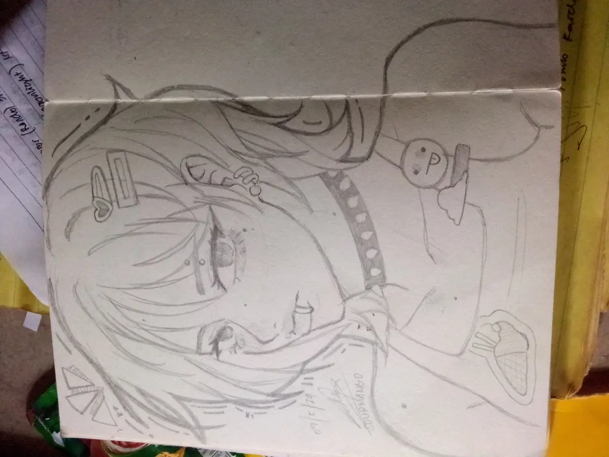 A pencil sketch of an anime-style girl with long hair, wearing a headband and holding a microphone with a circular 'P' logo…