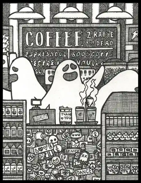A black-and-white cartoon depicts three ghostly figures behind a coffee shop counter, with a sign above reading 'COFFEE 2…