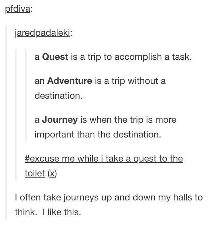 The image displays a screenshot of a text conversation where one user defines 'Quest,' 'Adventure,' and 'Journey' as types…
