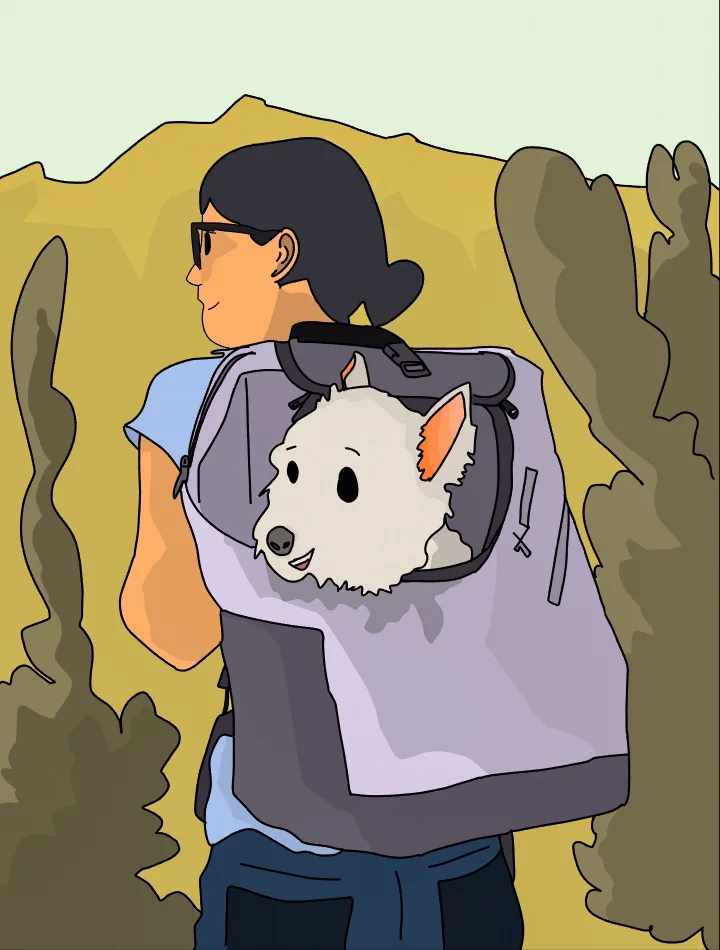 A cartoon person with dark hair and glasses is seen from behind, wearing a backpack with a white fluffy dog's head peeking…