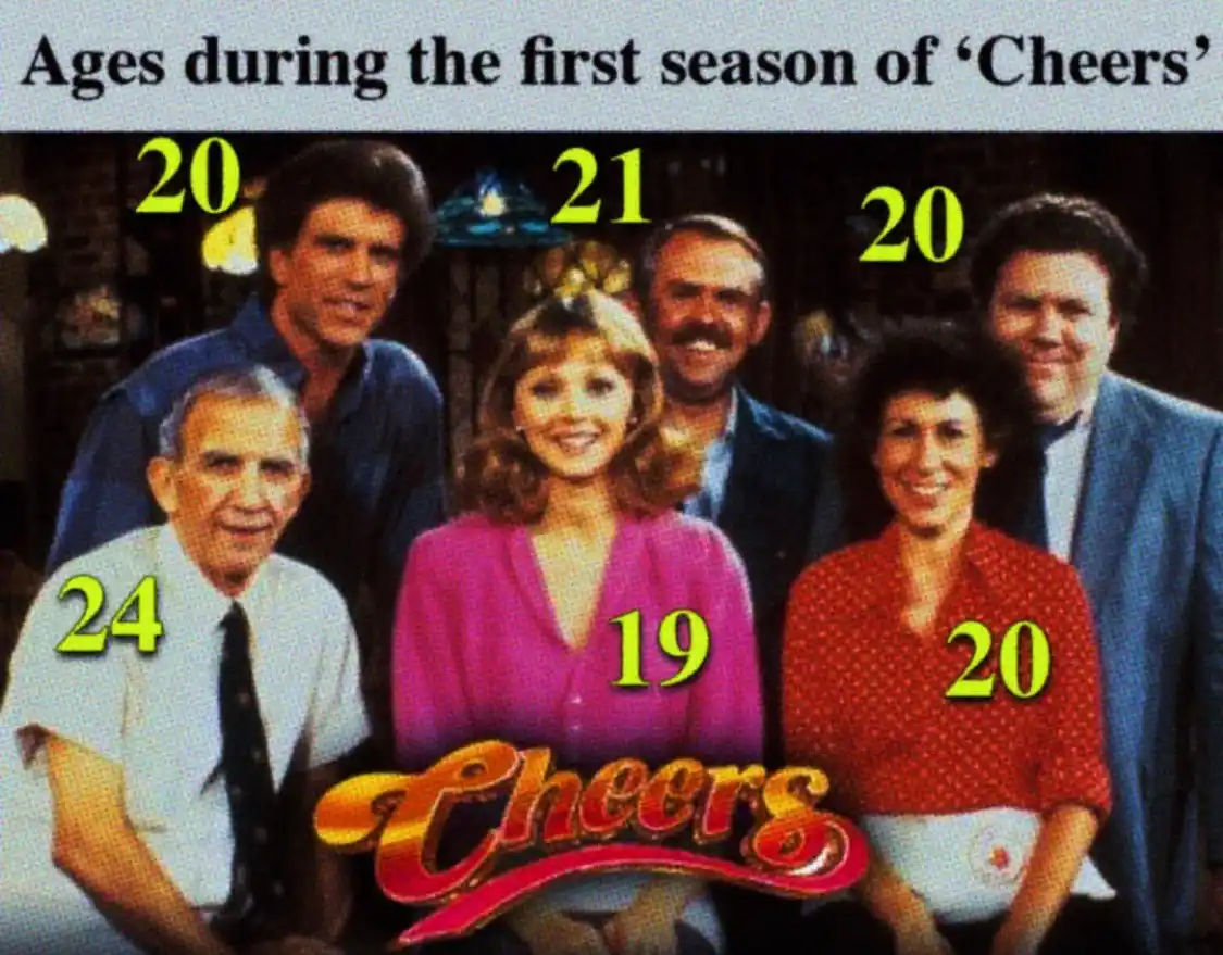 A promotional photo of the 'Cheers' TV show cast with green numbers overlaid on each actor indicating their ages during the…