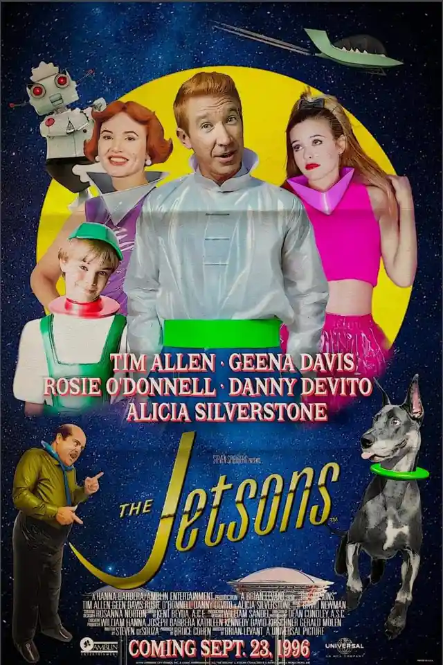 A movie poster for 'The Jetsons' (1996) featuring actors Tim Allen, Geena Davis, Rosie O'Donnell, Danny DeVito, and Alicia…