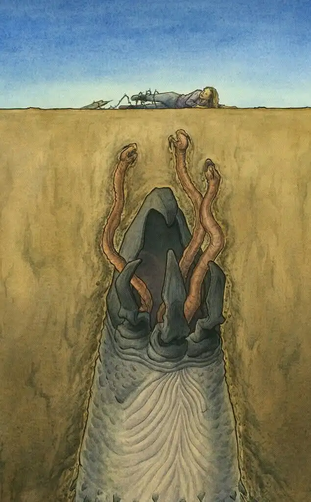 A surreal illustration depicts a person lying on the ground at the top of a massive, gaping hole in the earth. Emerging from…