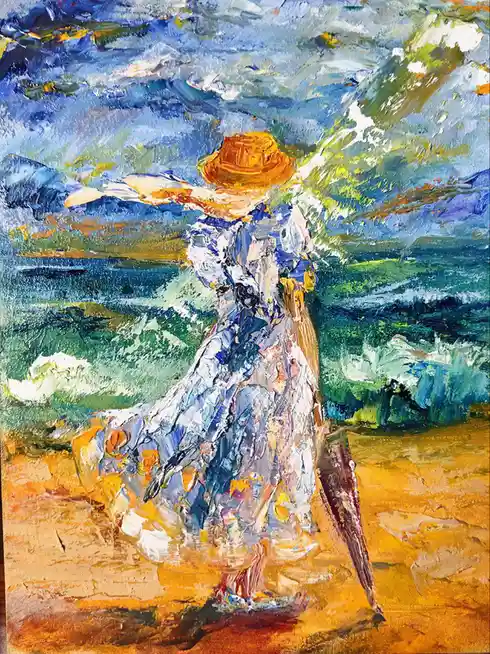 A thickly painted, impressionistic artwork depicts a woman in a blue dress and orange hat standing on a beach, holding an…
