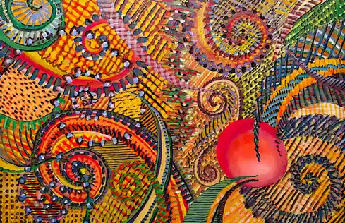 A colorful, intricate abstract painting featuring swirling patterns, geometric shapes, and a single red apple with a stem in…