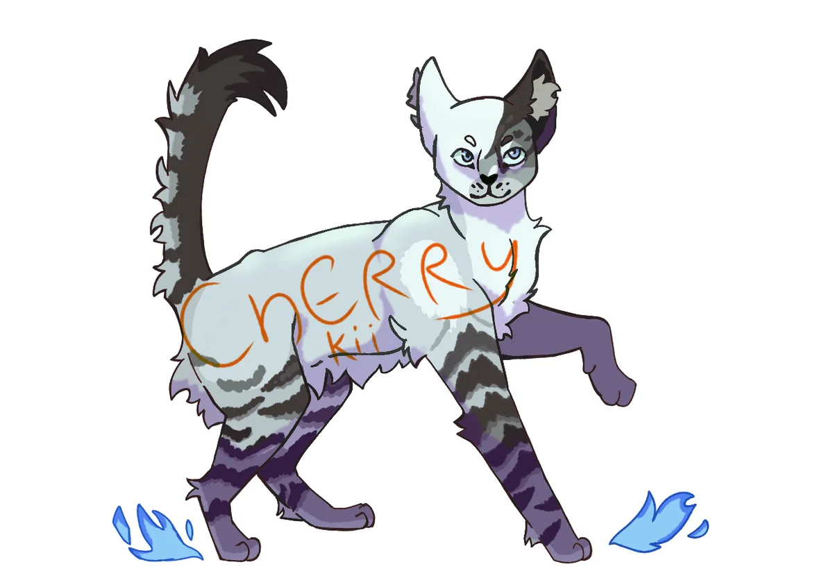 A stylized cartoon cat with a white and gray tabby pattern, blue eyes, and a fluffy tail, standing in a walking pose. The…