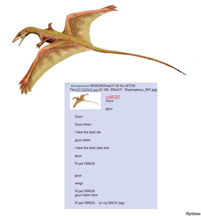An illustration of a Sharovipteryx, a prehistoric flying reptile, is overlaid with a screenshot of a 4chan thread. The…