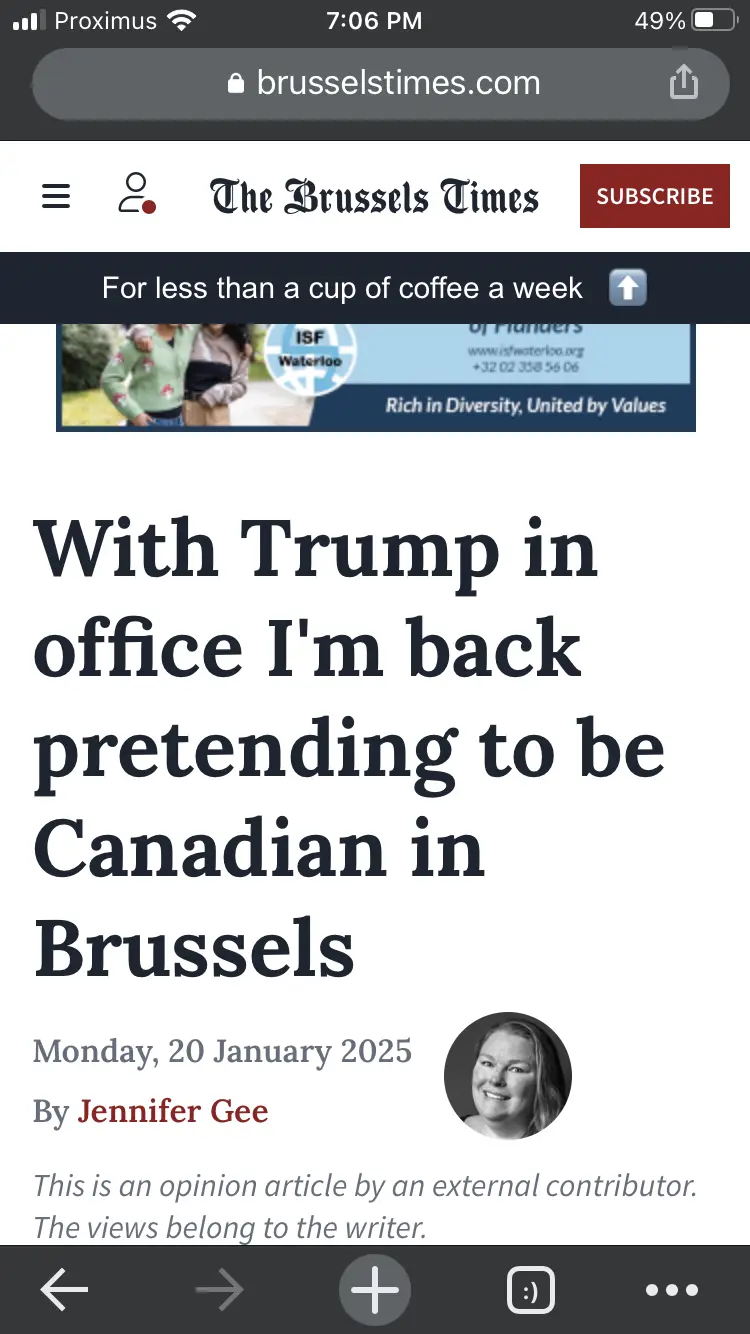 A screenshot of a mobile phone displaying an article from 'The Brussels Times' dated January 20, 2025, by Jennifer Gee. The…