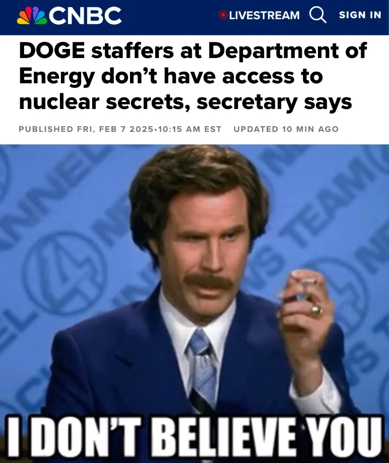 A screenshot of a CNBC news article headline reading 'DOGE staffers at Department of Energy don't have access to nuclear…