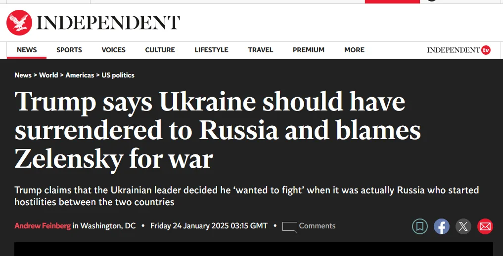 A screenshot of a news article from the Independent with the headline 'Trump says Ukraine should have surrendered to Russia…