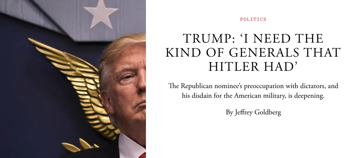 A close-up photo of Donald Trump next to a military-style emblem with a star and golden wings. Overlaid text mimics a news…